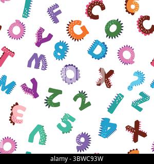 ABC Nahtloses Muster im einfachen Cartoon-Stil. Niedlicher Dinosaurier-Alphabet-Druck - handgezeichnetes, nahtloses Muster-Design mit kindlichem Muster. Digitalpapier. Stock Vektor