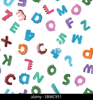 ABC Nahtloses Muster im einfachen Cartoon-Stil. Niedlicher Dinosaurier-Alphabet-Druck - handgezeichnetes, nahtloses Muster-Design mit kindlichem Muster. Digitalpapier. Stock Vektor