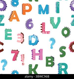 ABC Nahtloses Muster im einfachen Cartoon-Stil. Niedlicher Dinosaurier-Alphabet-Druck - handgezeichnetes, nahtloses Muster-Design mit kindlichem Muster. Digitalpapier. Stock Vektor