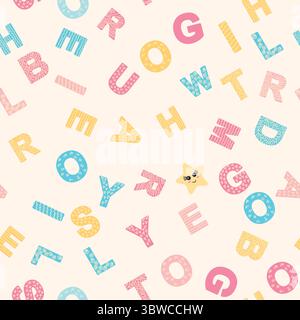 Nahtloses ABC-Muster im einfachen Cartoon-Stil. Niedliches Alphabetmuster – handgezeichnetes kindliches, nahtloses Muster. Digitales Papier. Stock Vektor