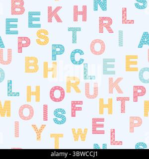 Nahtloses ABC-Muster im einfachen Cartoon-Stil. Niedliches Alphabetmuster – handgezeichnetes kindliches, nahtloses Muster. Digitales Papier. Stock Vektor