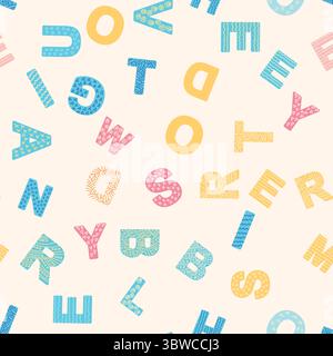 Nahtloses ABC-Muster im einfachen Cartoon-Stil. Niedliches Alphabetmuster – handgezeichnetes kindliches, nahtloses Muster. Digitales Papier. Stock Vektor
