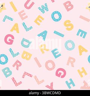Nahtloses ABC-Muster im einfachen Cartoon-Stil. Niedliches Alphabetmuster – handgezeichnetes kindliches, nahtloses Muster. Digitales Papier. Stock Vektor