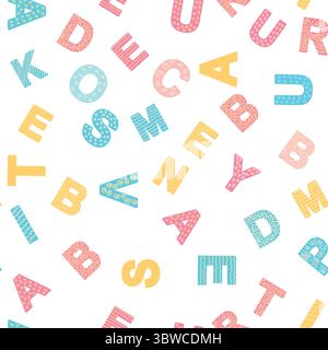 Nahtloses ABC-Muster im einfachen Cartoon-Stil. Niedliches Alphabetmuster – handgezeichnetes kindliches, nahtloses Muster. Digitales Papier. Stock Vektor