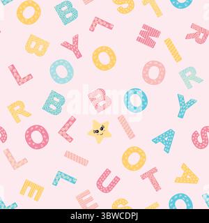 Nahtloses ABC-Muster im einfachen Cartoon-Stil. Niedliches Alphabetmuster – handgezeichnetes kindliches, nahtloses Muster. Digitales Papier. Stock Vektor