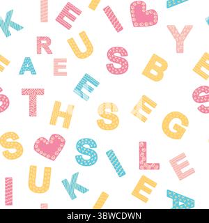 Nahtloses ABC-Muster im einfachen Cartoon-Stil. Niedliches Alphabetmuster – handgezeichnetes kindliches, nahtloses Muster. Digitales Papier. Stock Vektor