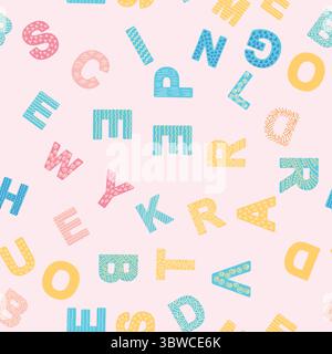 Nahtloses ABC-Muster im einfachen Cartoon-Stil. Niedliches Alphabetmuster – handgezeichnetes kindliches, nahtloses Muster. Digitales Papier. Stock Vektor