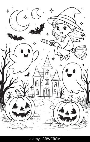 Halloween-Hexe, die mit Kürbissen und Geistern über das Spukhaus fliegt Stock Vektor