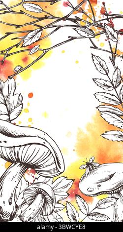Vertikale Herbstvorlage mit Pilzen, Zweigen und farbenfrohen Aquarellspritzern. Handgezeichnete Illustration, die Strichkunst mit expressivem kombiniert Stock Vektor