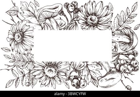 Handgezeichnete Illustration eines rechteckigen Herbstblumenrahmens mit detaillierten Sonnenblumen, Blättern und wilden Pilzen, ideal für Herbsteinladungen Stock Vektor