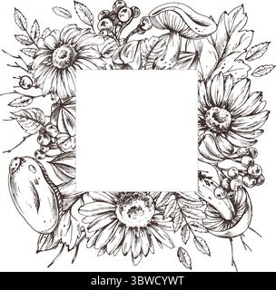 Quadratischer Blumenrahmen aus Sonnenblumen, Pilzen, Beeren und getrocknetem Laub. Handgezeichnete Strichgrafik-Illustration, perfekt für Verpackung, Branding und saisonale Anwendungen Stock Vektor