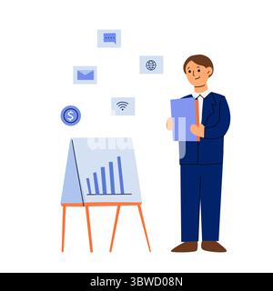 Mann, der mit wachsendem Diagramm arbeitet. Flache Vektorgrafik für Datenanalyse, Start-up-Unternehmen, Investitionen und andere Zwecke Stock Vektor