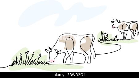 Kühe auf Weide. Durchgehende einzeilige Zeichnung. Kuhmilchwirtschaftskonzept in einfacher linearer Form. Stock Vektor