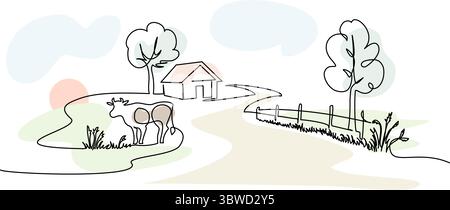Dorfhaus mit Straßenzaun und Kuh. Durchgehende einzeilige Zeichnung. Stock Vektor