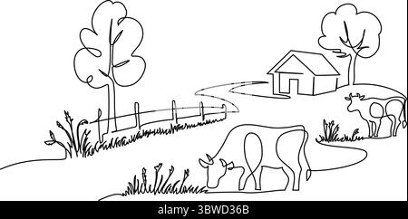 Dorfhaus mit Straßenzaun und Kuh. Durchgehende einzeilige Zeichnung. Stock Vektor