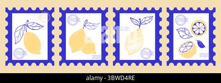 Mediterranes Briefmarkenset. Alte gelbe Zitronen mit blauen Blättern. la Dolce vita Ästhetik. Isolierte, trendige, ästhetische vertikale Poster Briefmarken Stock Vektor