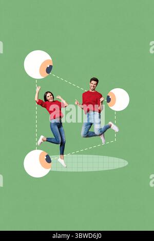 Pop-Bild-Collage der Person steht springen gewinnen unter drei Augen Bild auf weißem Hintergrund Stockfoto