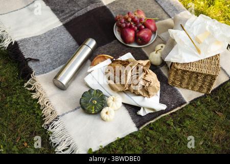 Saisonales Picknick-Stillleben mit frischem Obst, Brot und dekorativen Kürbissen auf einer gemütlichen Decke in der Natur. Stockfoto