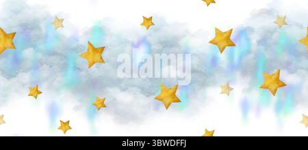 Dunkelblauer Himmel, flauschige Wolken, goldene Sterne, Nebel bilden diesen Raum aus nahtlosen Aquarellstiefeln. Aquarell Stockfoto