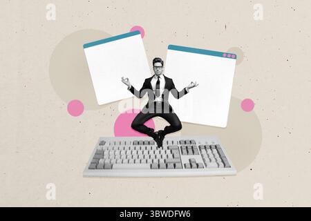 3D Foto Collage Vorlage Trend des jungen Geschäftsmannes formalwear Balance Meditieren Website Fernbedienung Tastatur Internet digitale Arbeit online Stockfoto