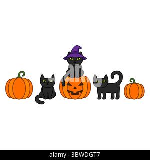 Halloween-Grenze mit schwarzen Katzen und Kürbissen. Stock Vektor