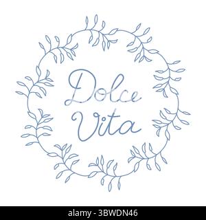 Blauer Zweig mit Blattkranz auf weißem Hintergrund. Botanische Rundrahmenvorlage. Stock Vektor