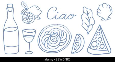 Italienisches handgezeichnetes blaues Set mit Spaghetti, Wein, Zitrone und Pizza. Stock Vektor