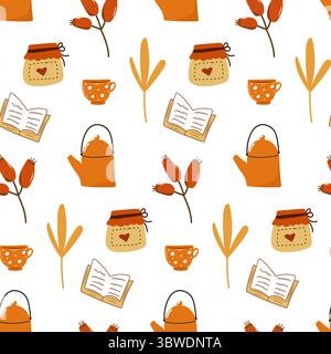 Gemütliches nahtloses Muster mit Becher, Buch und Wasserkocher. Stock Vektor