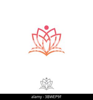 Einfaches geöffnetes Buch mit linearem Lotus-Logo-Design und flachem Stil. Vektorabbildung Stock Vektor