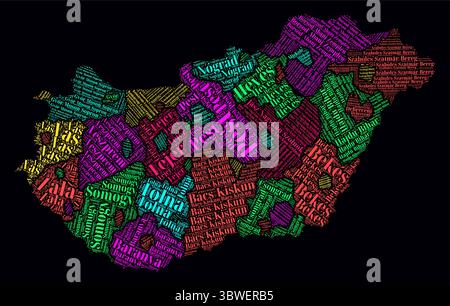 Ungarn Regionen Wortwolken. Helles Neondesign auf dunklem Hintergrund. Regionale Namen des Landes in ungarischer Sprache. Stock Vektor