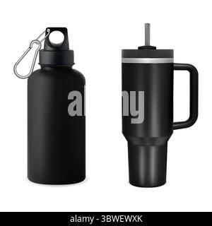 Becher aus schwarzem Metall. Design mit Wasserflaschen aus Edelstahl. Getränkebehälter-Modell, Vakuumbecher-Produkt. Wiederverwendbare Sportflasche, Aluminiumflasche mit Griff Stock Vektor