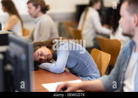 Junge Studentin schläft während der Fortbildung im Computerlabor ein Stockfoto