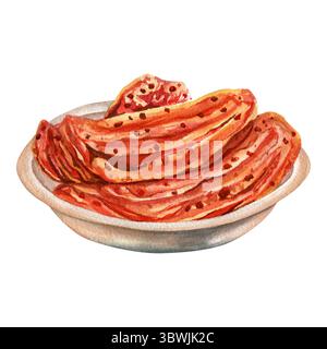 Aquarellillustration von traditionellem koreanischem Essen Kimchi auf einem von Hand gezeichneten Teller, isoliert auf weißem Hintergrund Stockfoto