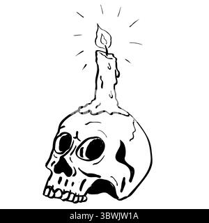 Zeichnung Skizzenstil Illustration eines Schädels mit beleuchteter oder beleuchteter Kerze brennendem Licht oben auf isoliertem Hintergrund in schwarz-weißer Strichgrafik. Stock Vektor