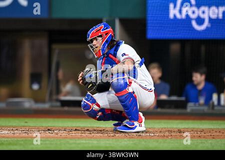 19. Juni 2021: Der Texas Rangers-Fänger Jose Trevino (23). Während eines Spiels zwischen den Minnesota Twins und den Texas Rangers im Globe Life Field in Arlington, Texas. Manny Flores/Cal Sport Media Stockfoto