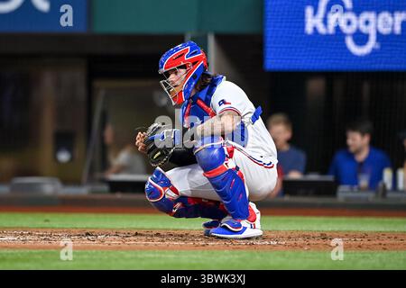 19. Juni 2021: Der Texas Rangers-Fänger Jose Trevino (23). Während eines Spiels zwischen den Minnesota Twins und den Texas Rangers im Globe Life Field in Arlington, Texas. Manny Flores/Cal Sport Media Stockfoto