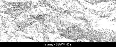 Texturkonzept aus schwarzem, zerknittertem Papier. Rauer, gepunkteter, faltiger Hintergrund. Hintereinander gefaltete Papierbögen. Hintergrundbild für Notizbuchseite mit rauschenden, genarbten Punkten. Veraltete, beschädigte, griffige Überlagerung. Vektor Stock Vektor