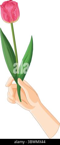 Vektor-Illustration einer Hand, die eine rosa Tulpe mit grünen Blättern hält, mit klaren Linien und lebhaften Farben Stock Vektor
