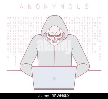 Ein geheimnisvoller Hacker, getarnt in einem Hoodie, auf einem Laptop, der das Wesen der digitalen Anonymität verkörpert Stock Vektor