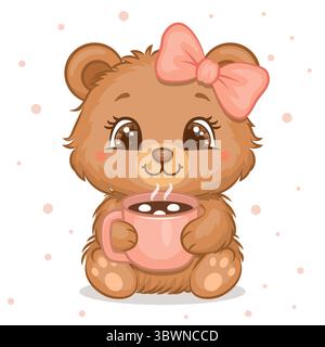Niedlicher Karikaturbär mit rosa Haarschleife und Becher mit heißer Schokolade. Vektorillustration des Tieres auf rosa Hintergrund mit Sternen. Stock Vektor