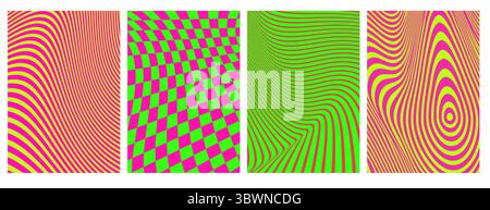 Psychedelische optische Illusionshintergründe - lebendige Wellenmuster mit Neonfarben, verzerrtes Schachbrett, fließende Streifen. Trippige visuelle Effekte für Retro-Poster, hypnotisches und grooviges Kunstdesign Stock Vektor