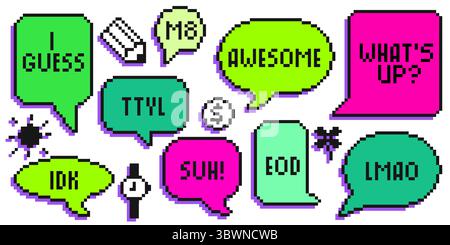 Pixel Art Sprechblasen in hellen Farben – Retro 8-Bit-Chatballons mit Textnachrichten. Dialogboxen im Gaming-Stil für digitale Kommunikation, Messenger-Aufkleber, Social-Media-Design-Elemente. Stock Vektor