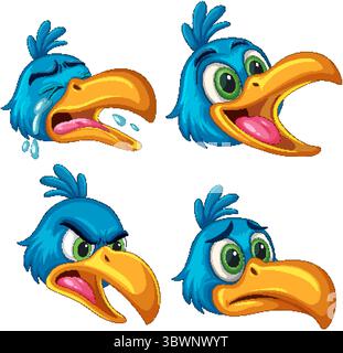 Lebendiger Cartoon-Hornbill, der verschiedene Emotionen in einem verspielten Vektor-Stil zeigt. Helle Farben und übertriebene Funktionen verbessern die Ausdrucksstärke Stock Vektor