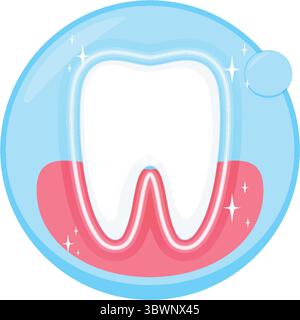 Vektor-Illustration eines Zahns mit einem funkelnden Effekt, mit klaren Linien und lebhaften Farben in einer kreisförmigen Komposition Stock Vektor