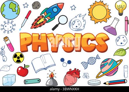 Vektor-Illustration verschiedener physikbezogener Ikonen in einem verspielten Cartoon-Stil mit hellen Farben und kräftigem zentralem Text, angeordnet auf einem weißen Hintergrund Stock Vektor