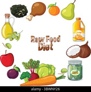 Vector illustration of diverse raw foods in a circular composition. Bright colors and clean lines emphasize healthy eating Stock Vektor