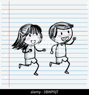 Zwei Kinder laufen glücklich auf liniertem Papier Stock Vektor