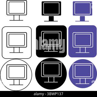 Die Symbole von Computermonitoren zeigen ein klares und modernes Design in verschiedenen Stilen und bieten Vielseitigkeit für Webdesign, UI-Elemente und technische Visualisierungen Stock Vektor