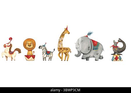 Helle, fröhliche, kindliche nahtlose Grenze mit Zirkustieren Stockfoto