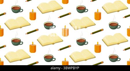 Nahtloses Muster mit Büchern, Kerzen, Bechern und Bleistiften. Dieses gemütliche Design erinnert an die ruhige Stimmung an Herbst- oder Winterabende voller Lesen und cr Stock Vektor